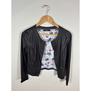 Zuiki Black Faux Leather Jacket‎ Floral Lining Long Sleeve Sz Medium